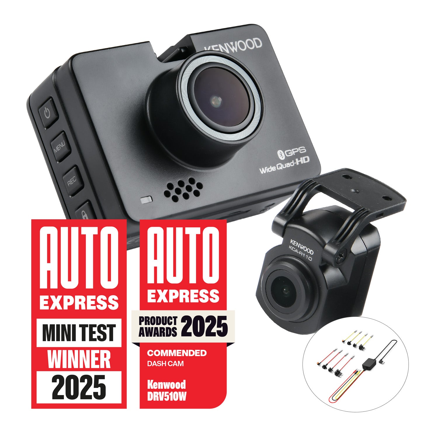 DRVA510R11CA EV/Hybrid Vehicle 2K Wide Quad-HD Front & Full-HD Waterproof Rear-View Dash Cams, Auto Stop/Start Hardwire Kit Bundle