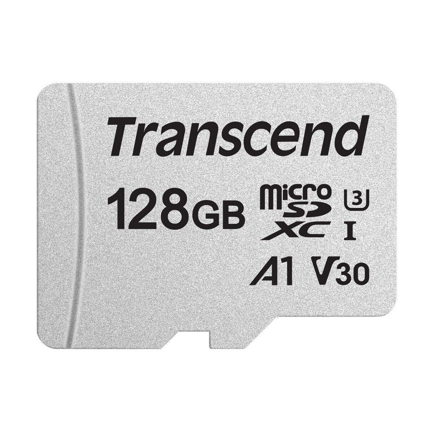 Transcend 128GB microSDXC UHS-I memory card on a white background
