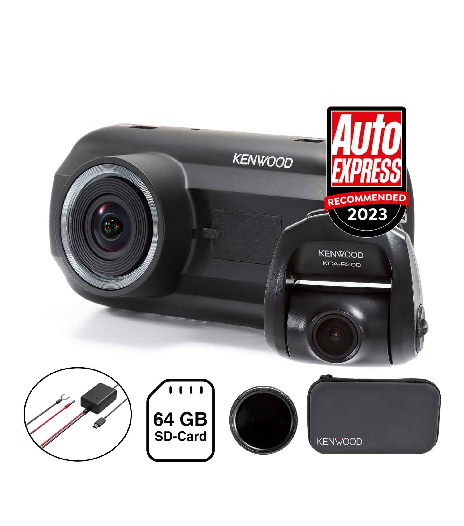 KENWOOD 601 dash camera bundle, kcar200 rear camera, hardwired kit, 64 sdcard, polarised filter, carry case