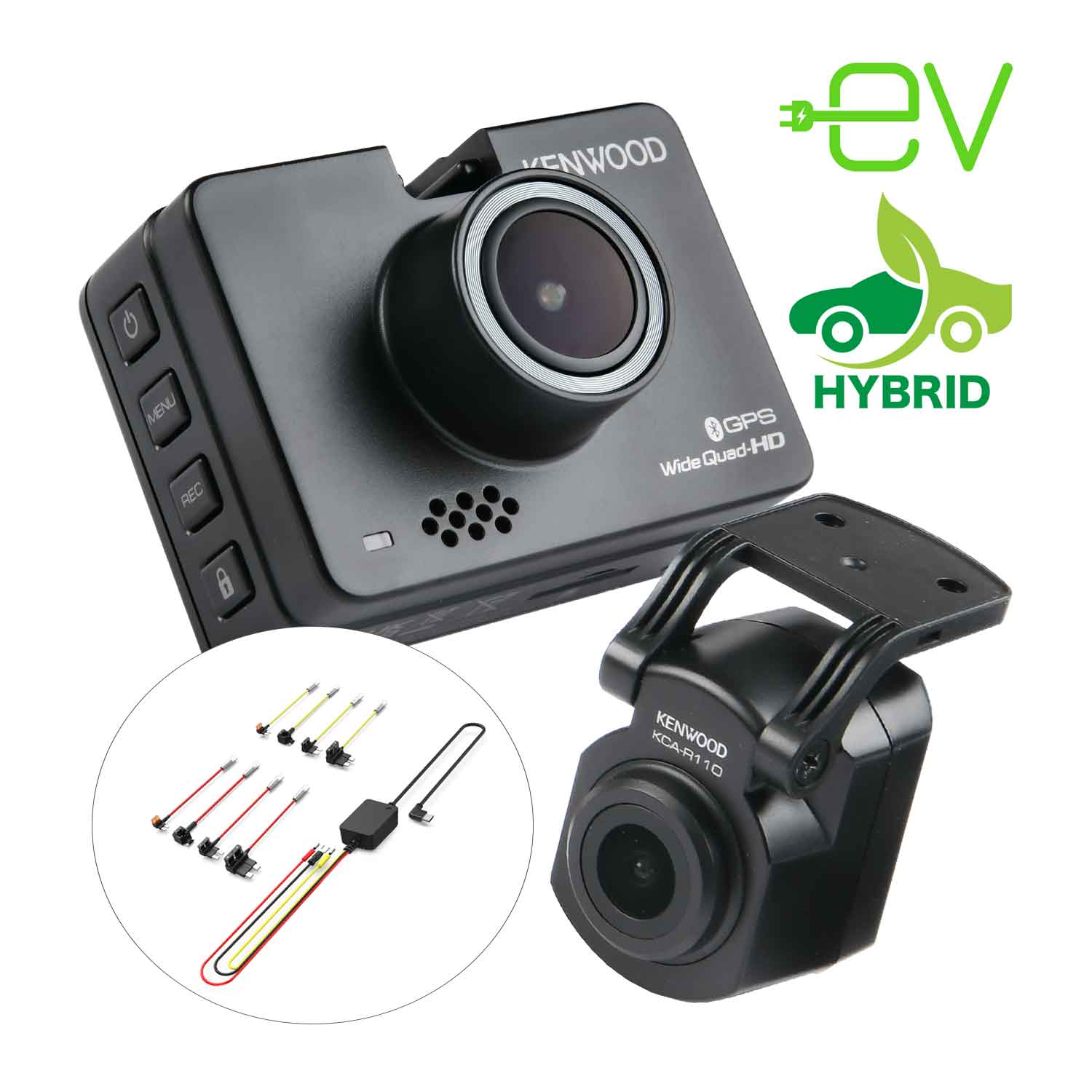 DRVA510R11CA NEW EV/Hybrid Vehicle 2K Wide Quad-HD Front &amp; Full-HD Waterproof Rear-View Dash Cams, Auto Stop/Start Hardwire Kit Bundle