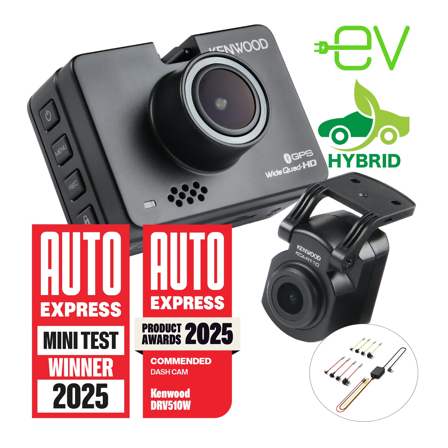 DRVA510R11CA NEW EV/Hybrid Vehicle 2K Wide Quad-HD Front &amp; Full-HD Waterproof Rear-View Dash Cams, Auto Stop/Start Hardwire Kit Bundle