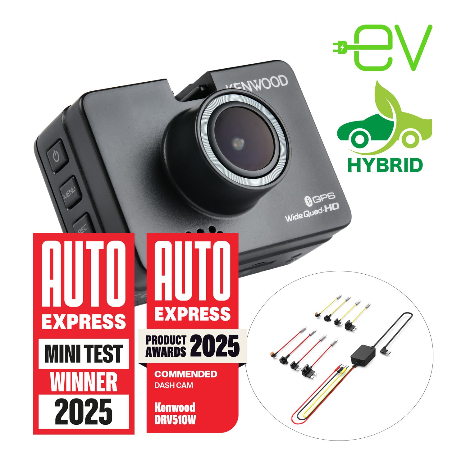 DRVA510WCA NEW EV/Hybrid Vehicle - Compact 2K Wide Quad-HD Dash Cam, Auto Stop/Start Hardwire Kit, 32GB SD-Card Bundle